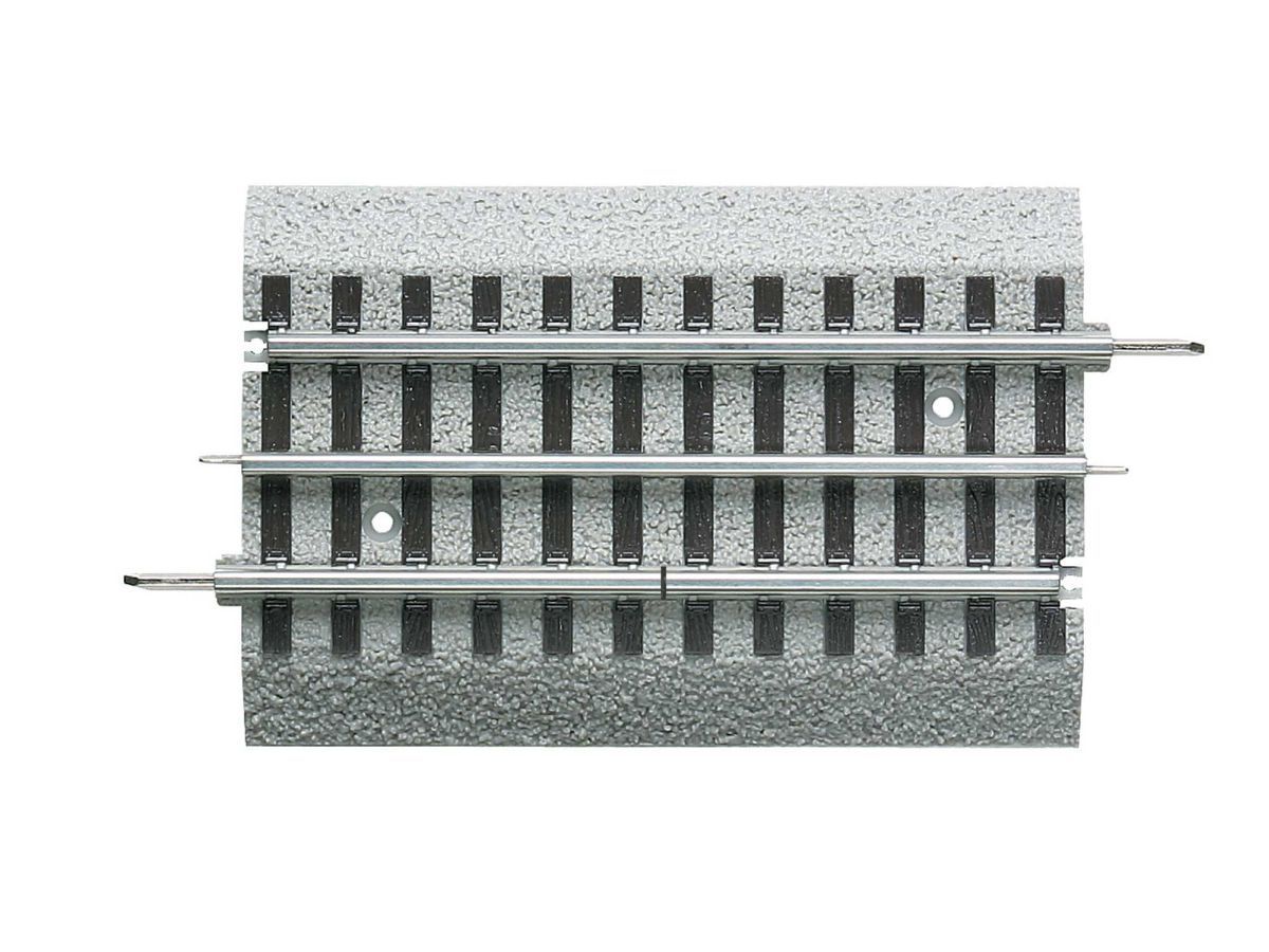 Top-down view of a gray railway track crossing with sleepers and rails on gravel.