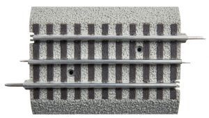 Gray railroad track switch diagram showing parallel rails and ties on gravel ballast
