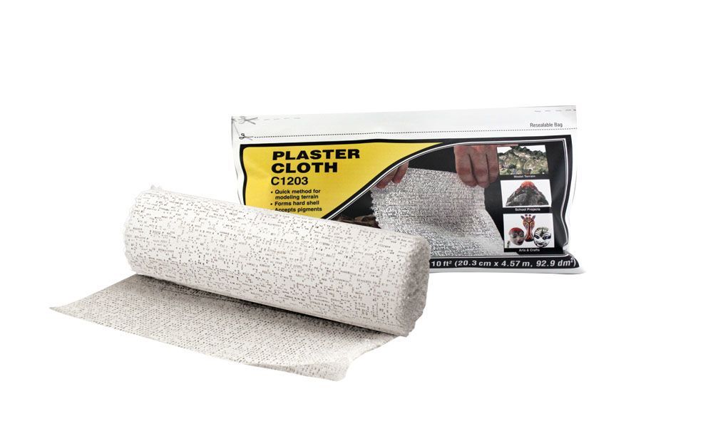 Package of plaster cloth with a rolled white mesh bandage and a visible product label