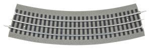 Curved gray model train track section with two parallel rails and dark ties