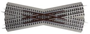 Crossed railroad tracks forming an X over a curved gray track section