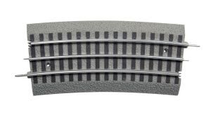 Curved gray train tracks with wooden ties and two side rails on a white background