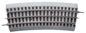Curved gray metal facade with rows of small rectangular windows and two horizontal beams protruding
