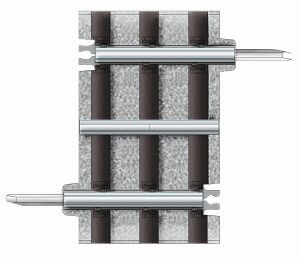 Metal latches securing a striped fabric panel, with rods extending from top and bottom