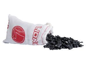 White bean bag spill toy with red logo, pouring black beads onto a white background