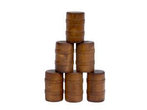 Stacked brown barrels forming a pyramid on a white background
