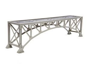 Small silver truss bridge model with a curved underside and four supports on a white background