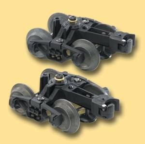 Two black-and-gray miniature wheel assemblies on a yellow background
