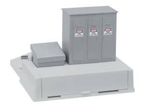 Miniature gray electrical cabinets and boxes on a white platform