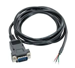 Black serial adapter cable with DB9 connector and exposed red, green, and black wires
