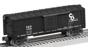 Black C&O boxcar on model train tracks, side view with white lettering