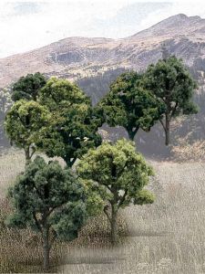 Scattered green trees on a dry grassy hillside under a pale sky