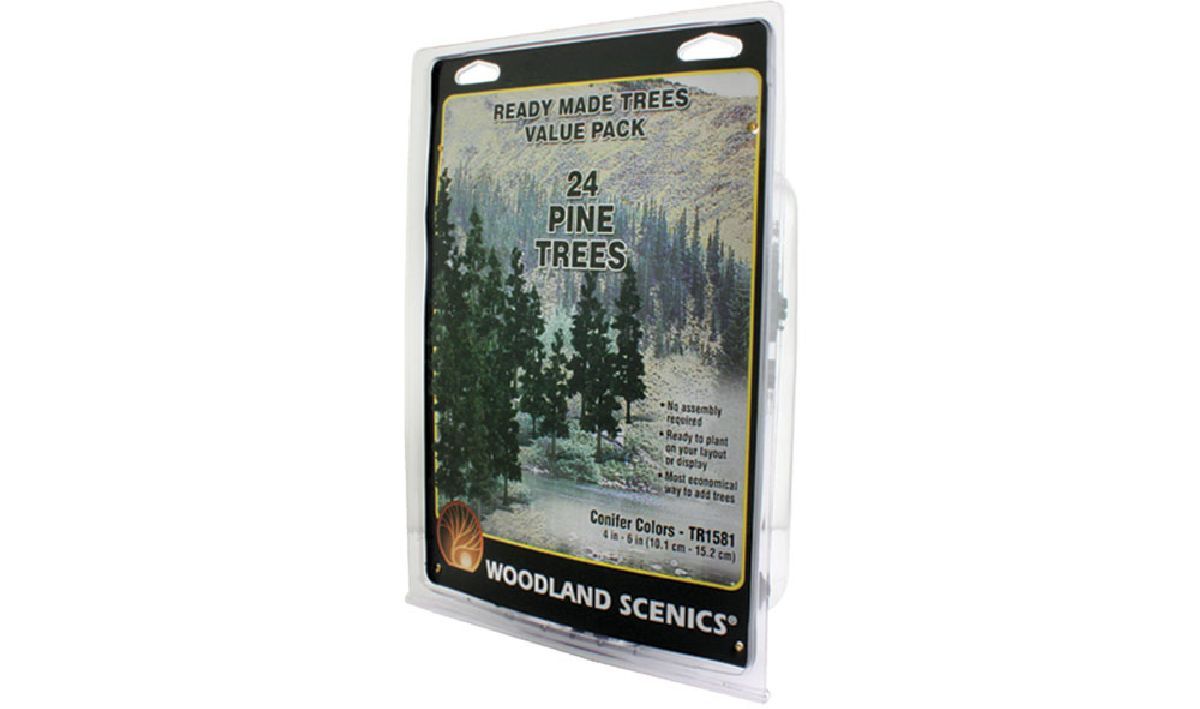 Package of 24 pine trees seeds with a snowy forest cover, Woodlawn Seed logo at bottom
