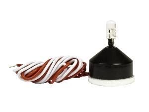 Black mechanical float switch with red-and-white cable on a white background