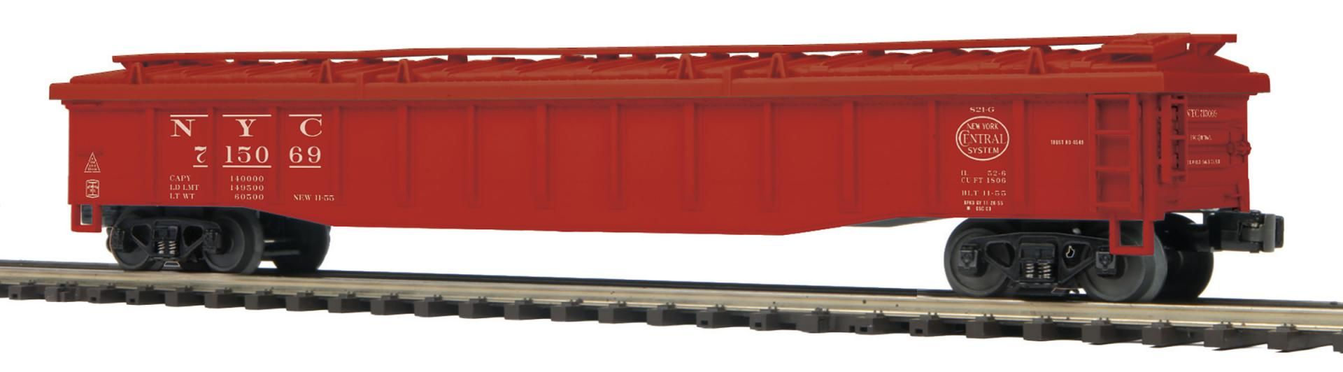 Red freight hopper railcar on a track, side view, with black wheels and undercarriage.