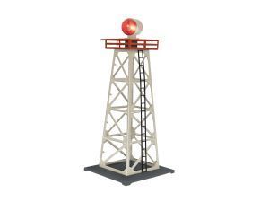 Model lighthouse tower with a red beacon on top and a black base on a white background
