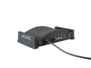 Black Lionel electronic device with connected cable on a white background