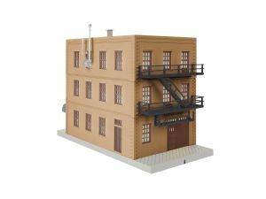 Tan model of a three-story tan building with windows and black exterior fire stairs.