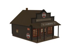 Miniature dark brown old-style storefront with a porch and hanging sign on a white background