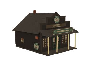 Miniature black storefront model with green signs and front porch, resembling an old-fashioned shop