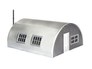 Small gray corrugated metal building with arched roof, windows, door, and chimney on white background