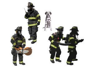 Firefighters in black-and-yellow gear standing and working together, with a dog in the center.