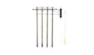 Four metal grounding rods attached to a horizontal bar with black insulators and a yellow end tag.