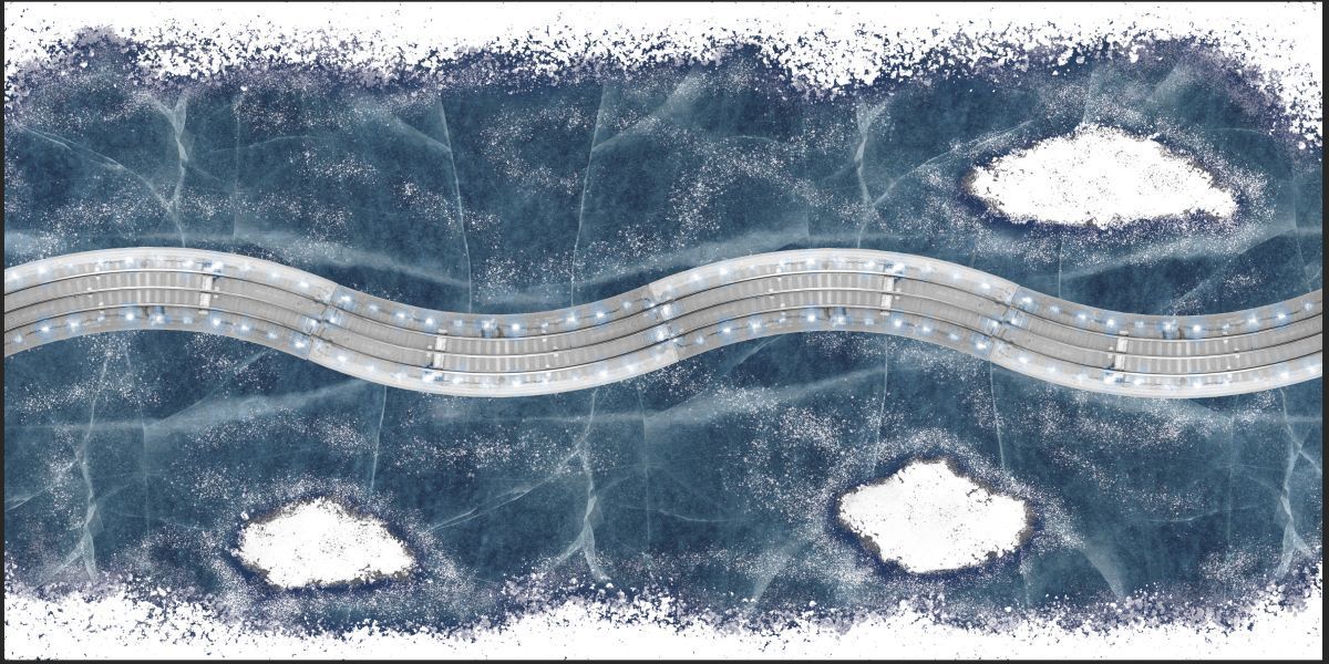 A winding road cuts through dark blue terrain with scattered white snow patches.