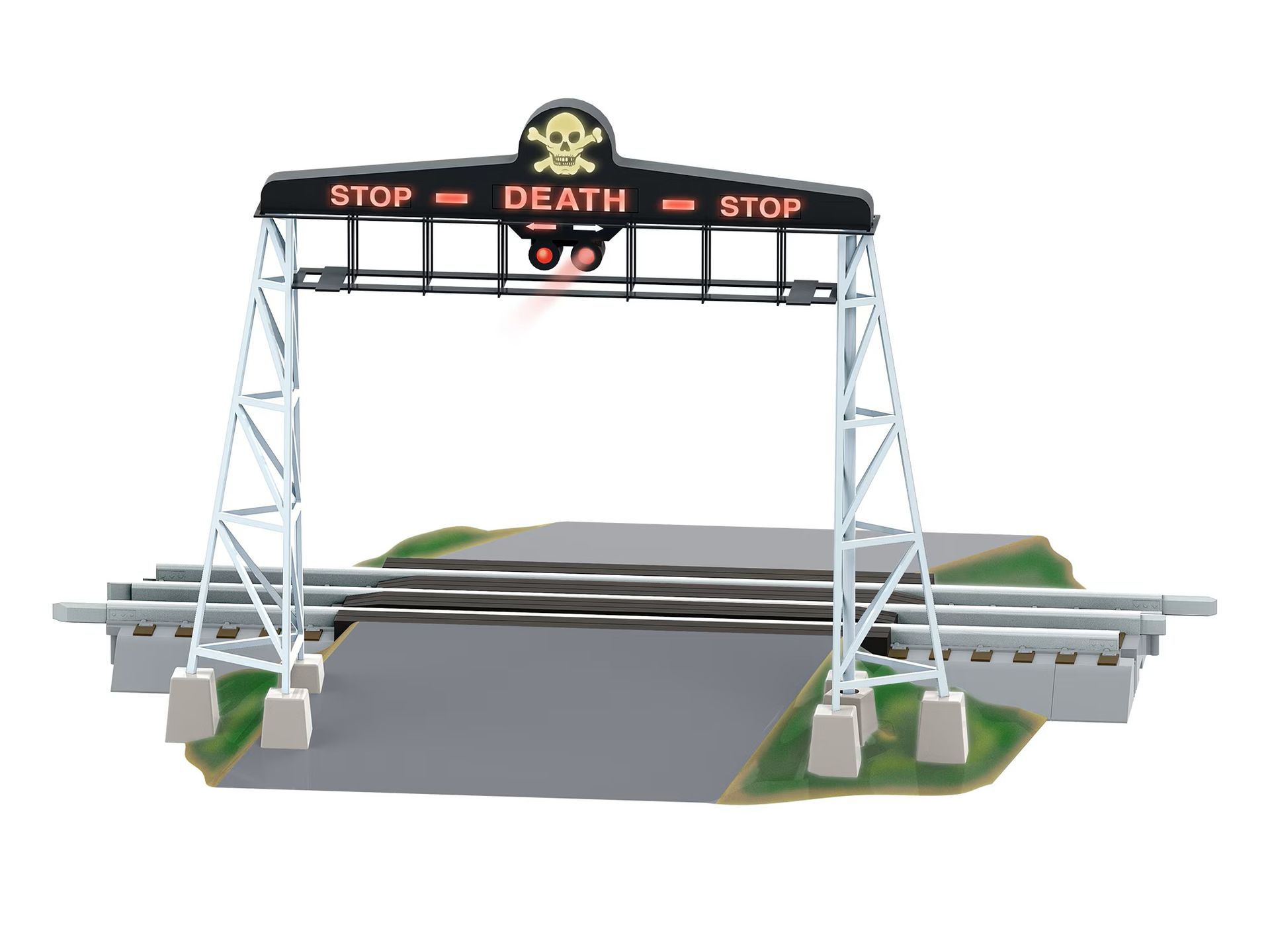 Railroad crossing with a black-and-red STOP sign over the tracks and a skull warning symbol.