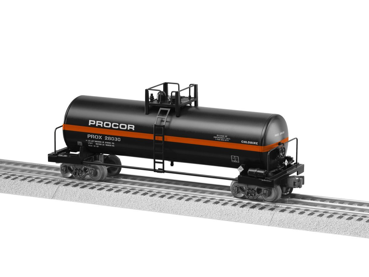 Black Procor tank railcar on train tracks, with orange stripe and ladder on top