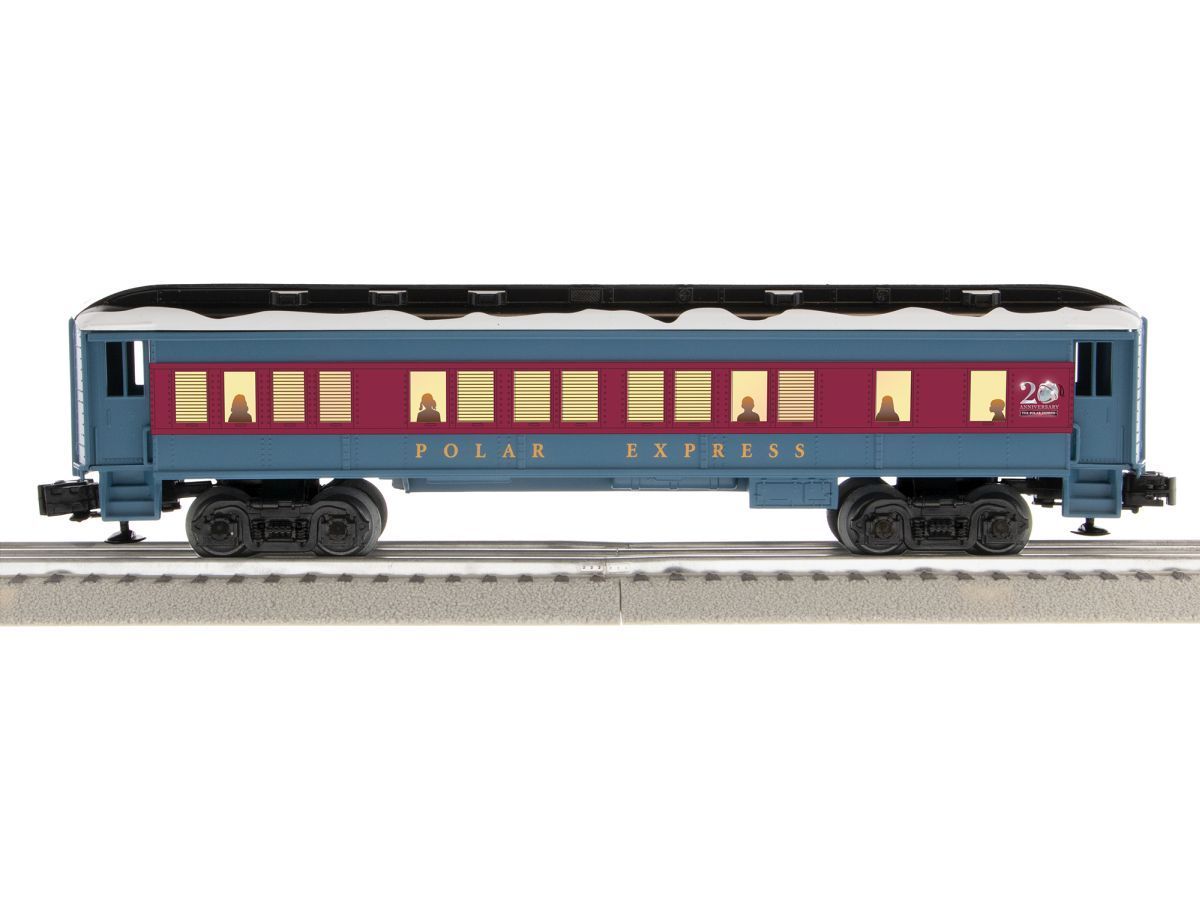 Blue model passenger train car with red and cream windows on track