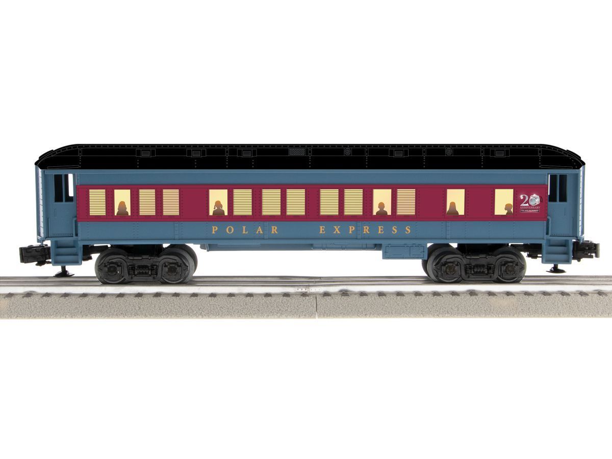 Blue model passenger train car with maroon windows on tracks