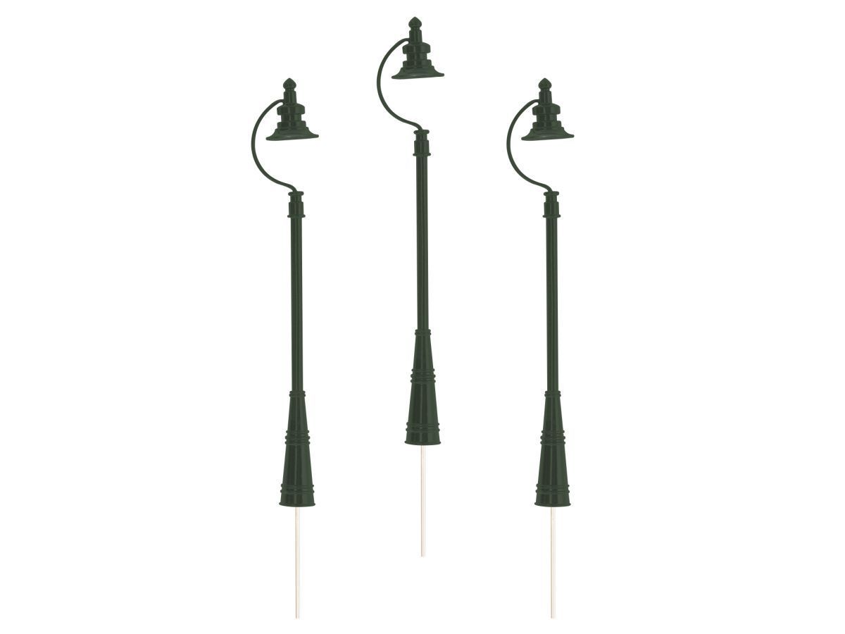 Three black antique-style street lamps on white background