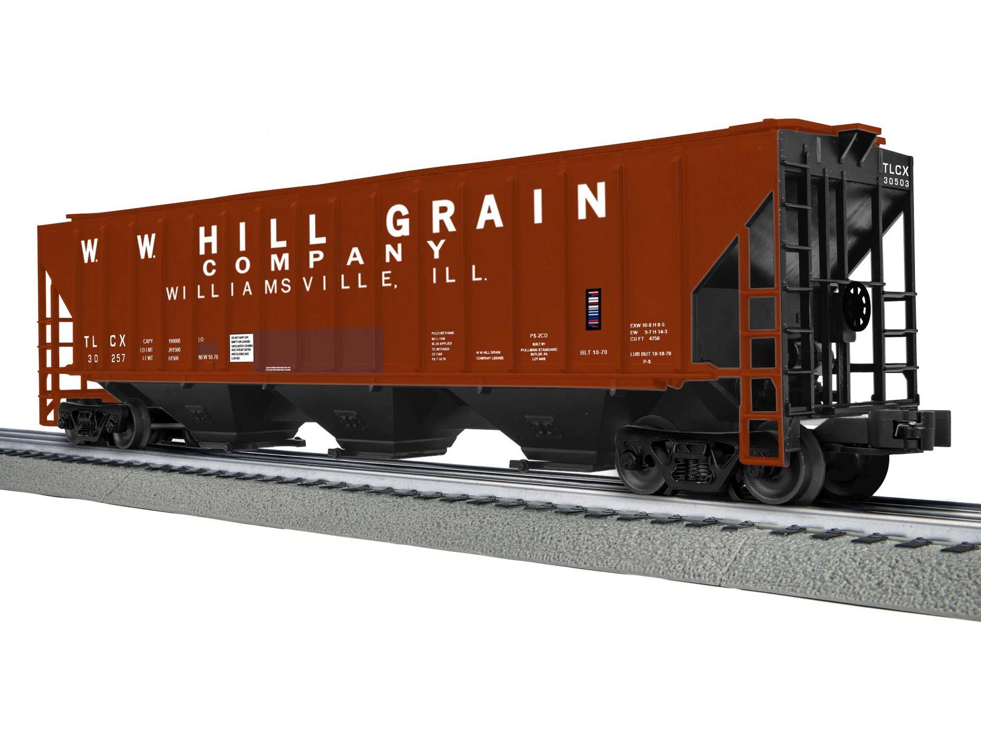 Blue Rogers Grain Co. covered hopper railcar on tracks with black end structure