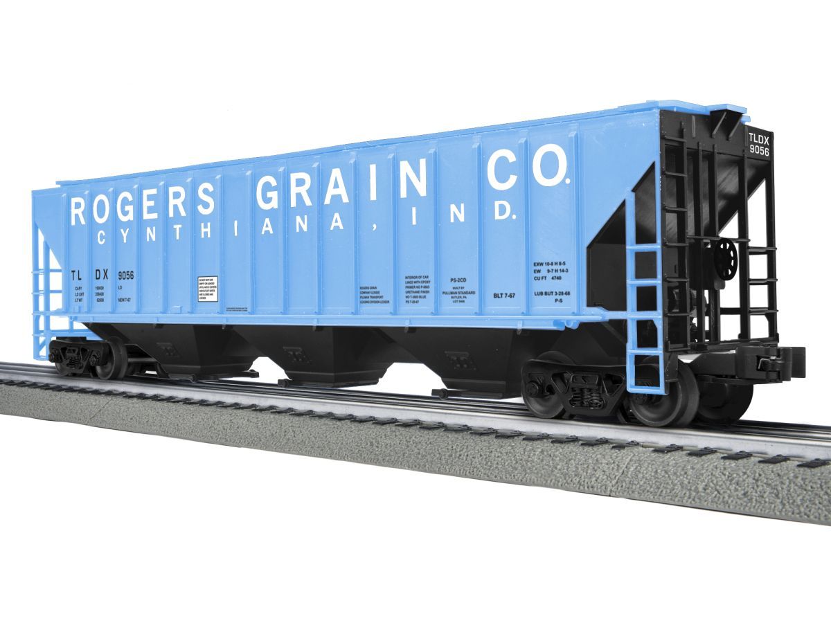 Blue Rogers Grain Co. covered hopper railcar on tracks with black end structure