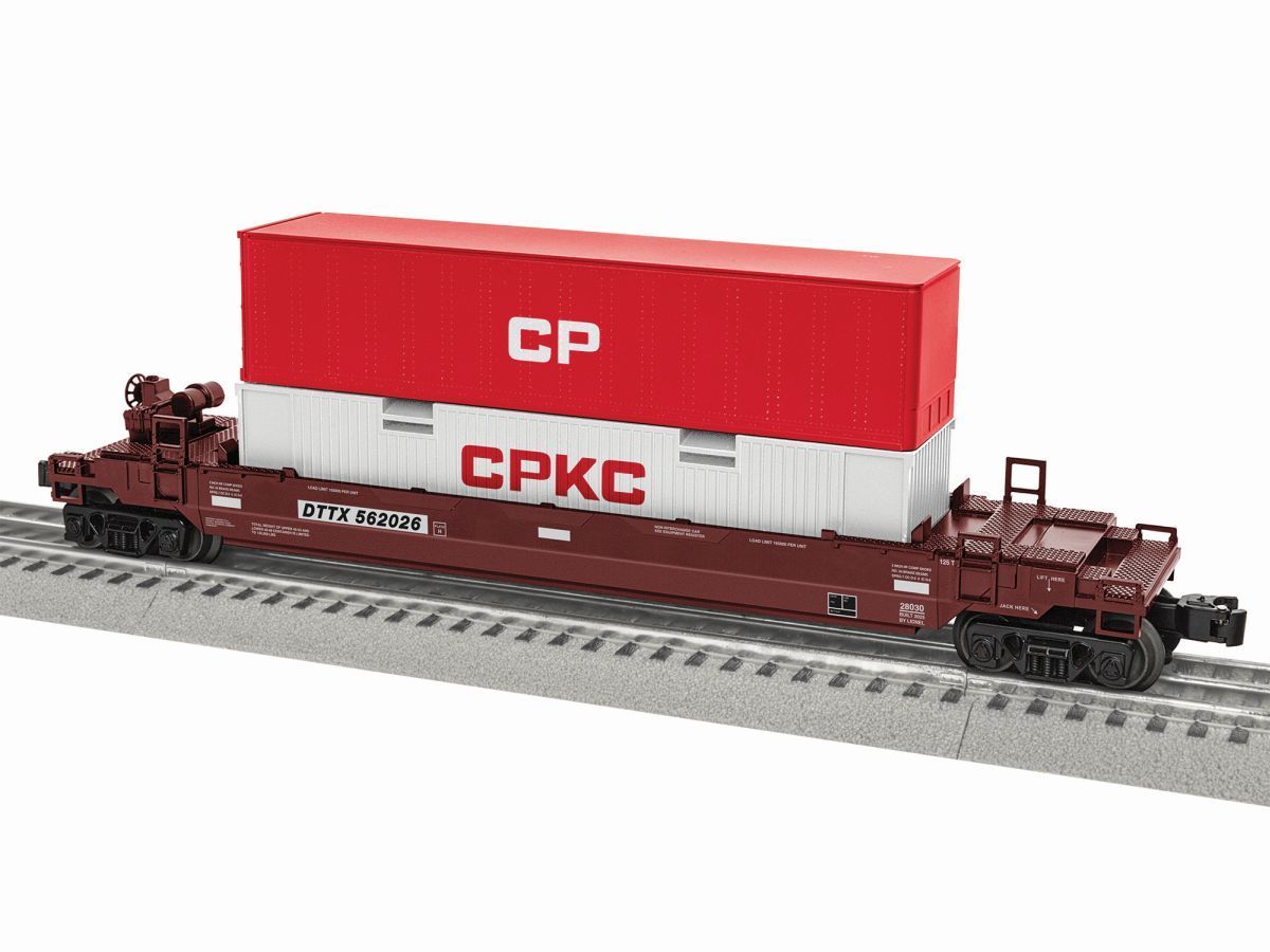 Model freight train car carrying a red and white CP CPKC container on tracks