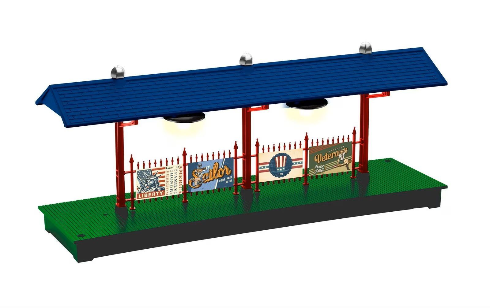 Miniature train station platform with blue roof, red supports, green base, and decorative fence panels