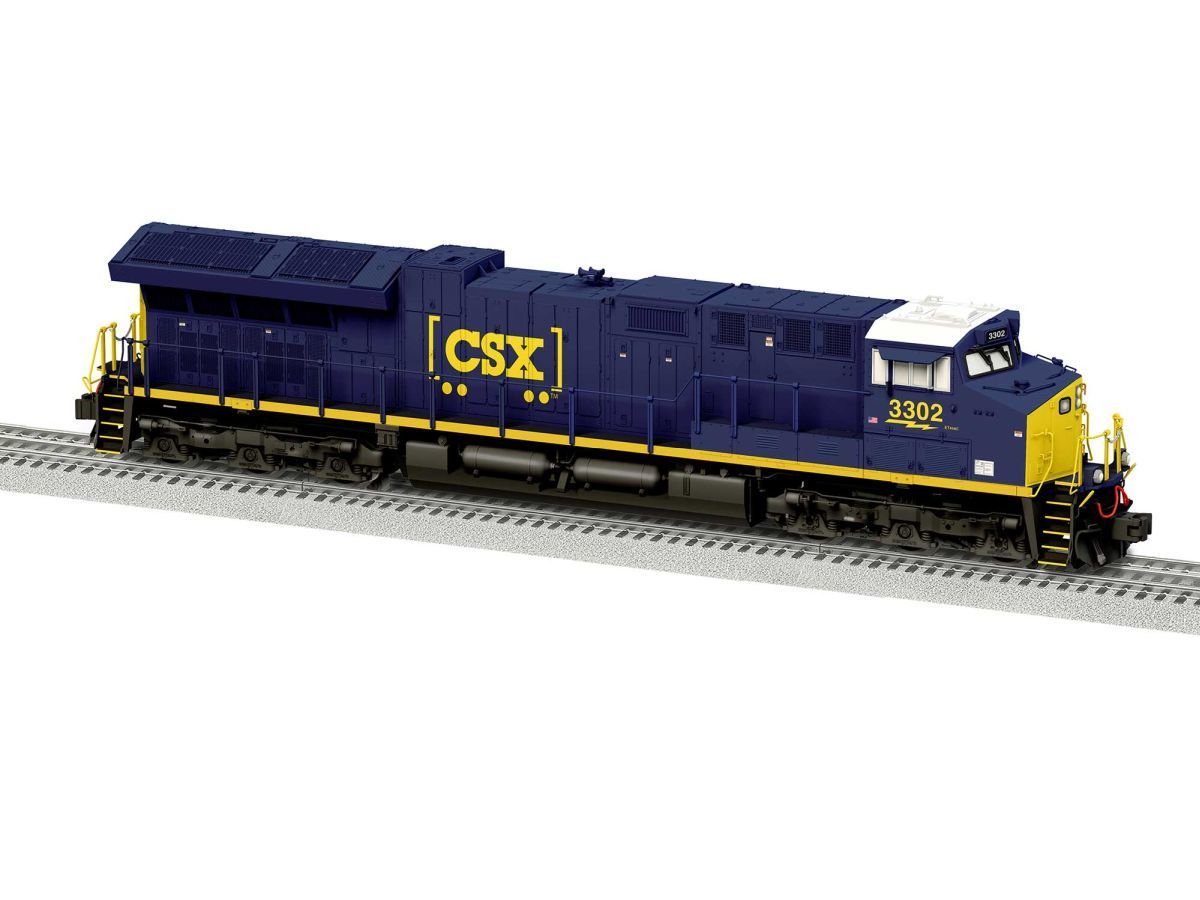 Blue and yellow CSX locomotive on tracks, side view