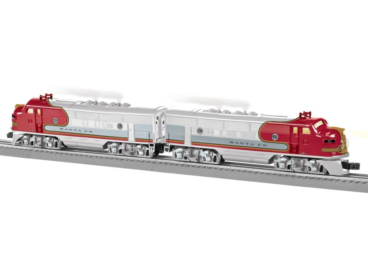 Two silver and red model trains on tracks, coupled end to end