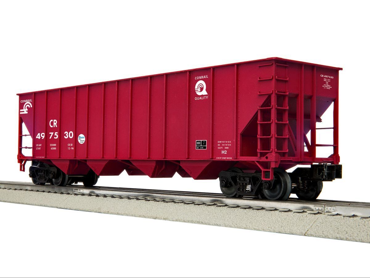 Red freight hopper railcar on tracks, shown in side view against a white background