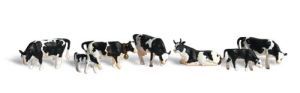Black-and-white cows walking in a line across a white background