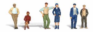 Five cartoon adults standing in a row, each wearing different colorful clothes.