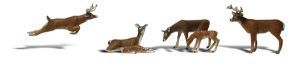 Four deer-like antelope leaping and standing on a white background