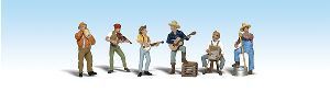 Five small figurines of musicians performing together against a white background.