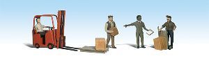 Red forklift moving a pallet while three workers handle boxes in a warehouse.