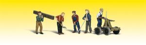 Five workers in hard hats stand on a yellow background, one holding a plank and another on a wheelbarrow.