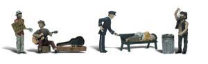 Miniature figures around a stretcher and trash can, one seated at left and one standing at right