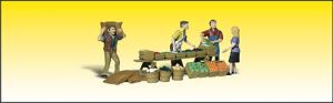 Cartoon of people at a market stall with bags and boxes on a yellow background
