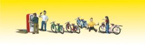 People standing beside a red phone booth and several parked bicycles on a yellow background