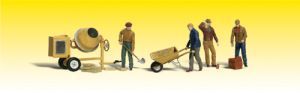 Construction workers using a cement mixer and wheelbarrow on a white background